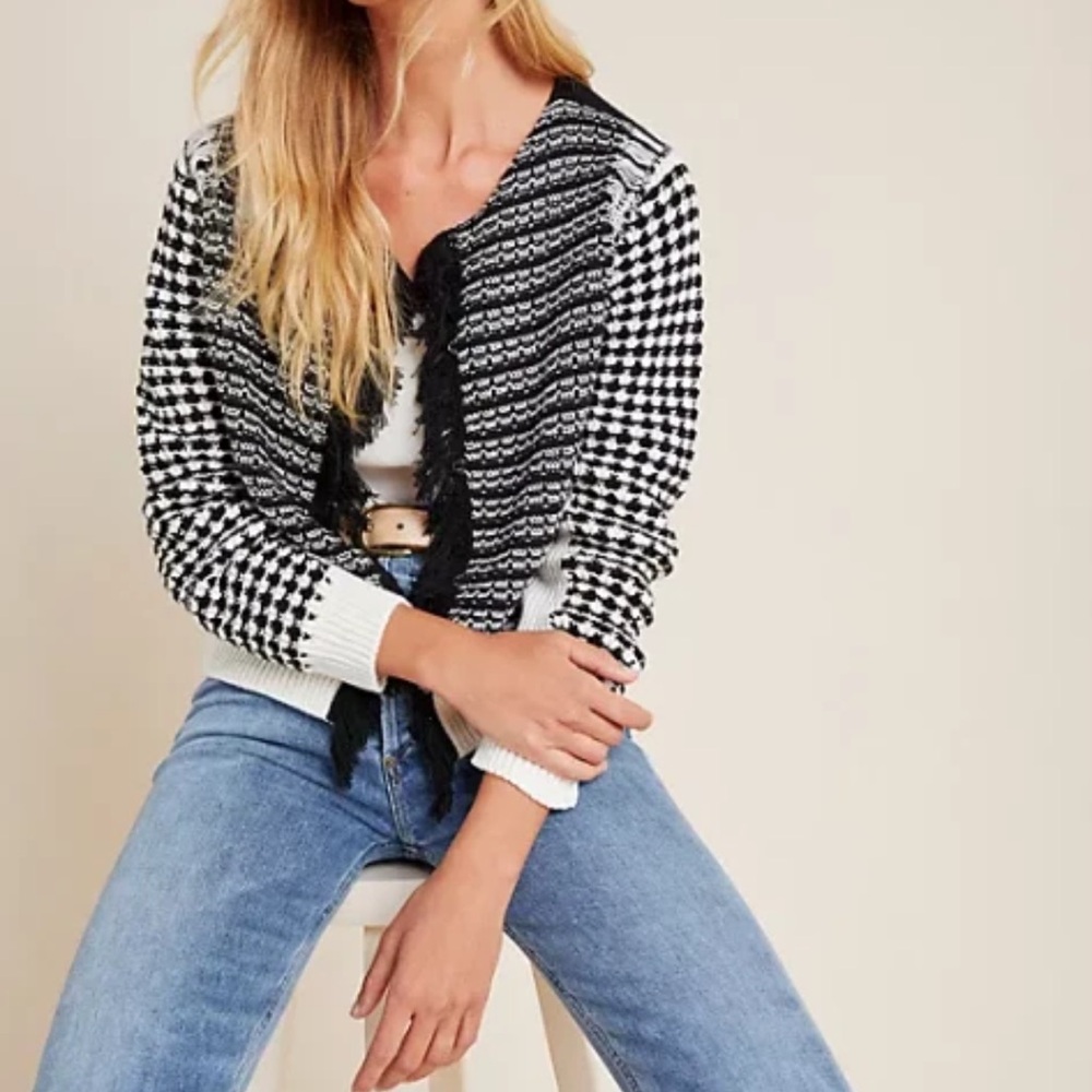 Aldomartins For Anthropologie‎ Black White Izabella Fringe Sweater | Medium